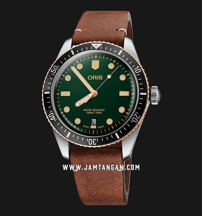 Oris Divers Sixty-Five 01 733 7707 4357-07 5 20 45 Green Dial Brown Leather Strap